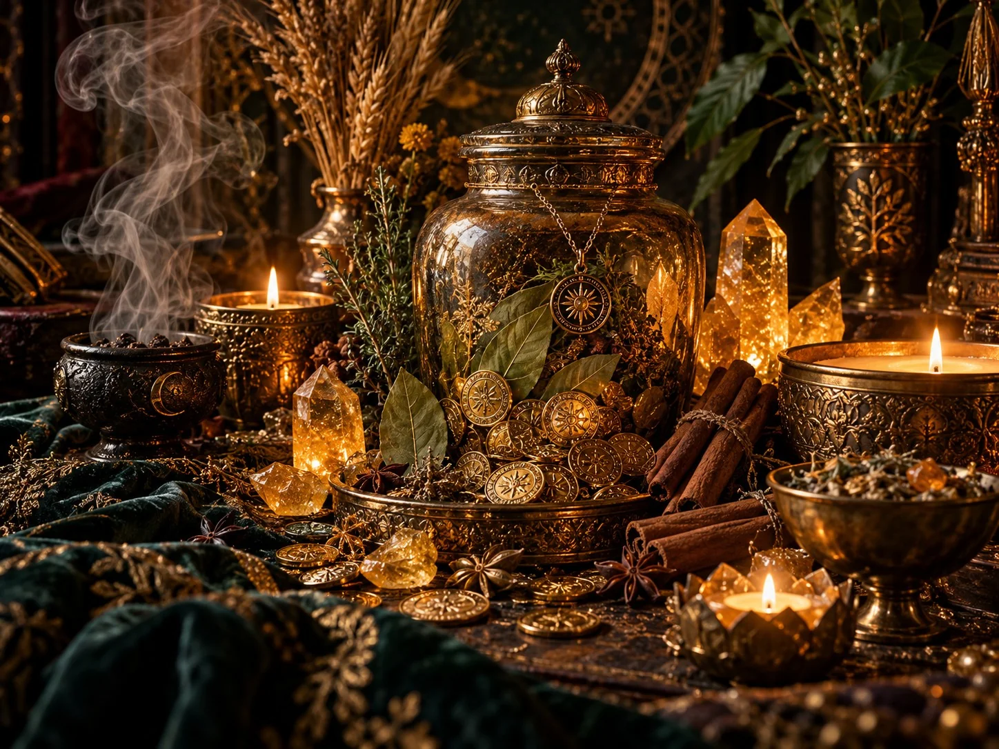 Mystical love ritual altar with a bound heart, apples, rose petals, skull and moonlit atmosphere